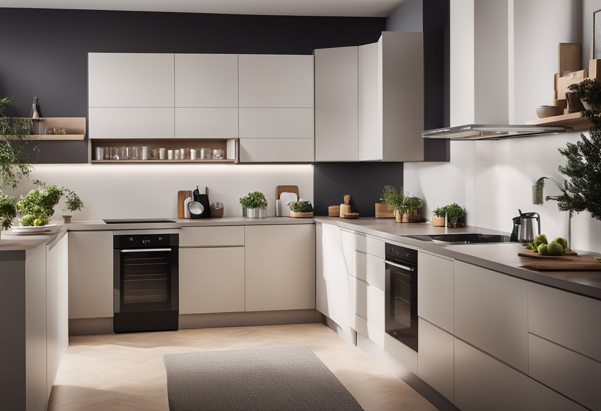 A sleek, clutter-free kitchen with integrated smart appliances and multi-functional surfaces, illuminated by natural light and accentuated by minimalist design elements