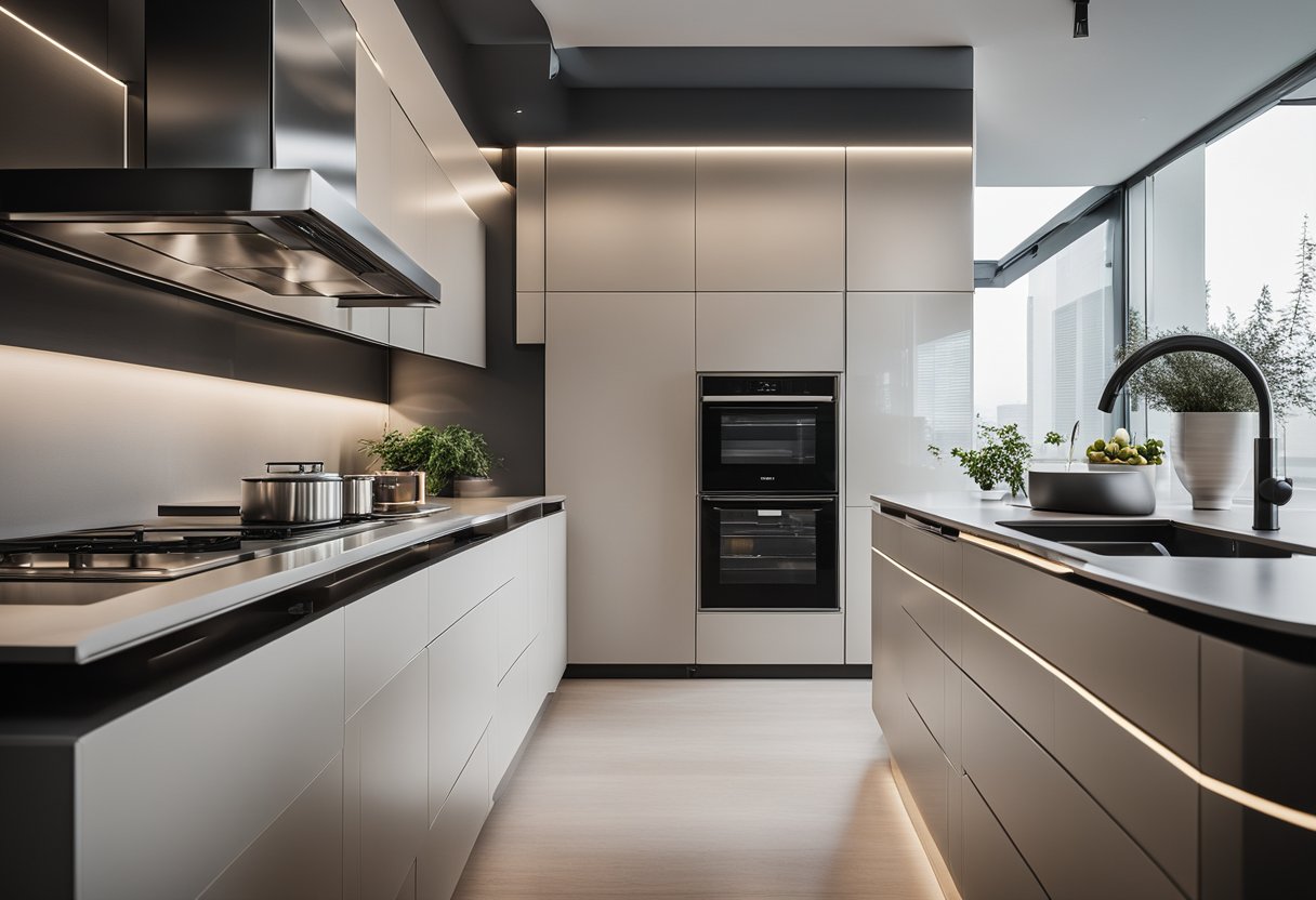 A sleek, clutter-free kitchen with smart appliances and modular storage. Clean lines and neutral colors create a minimalist, futuristic feel