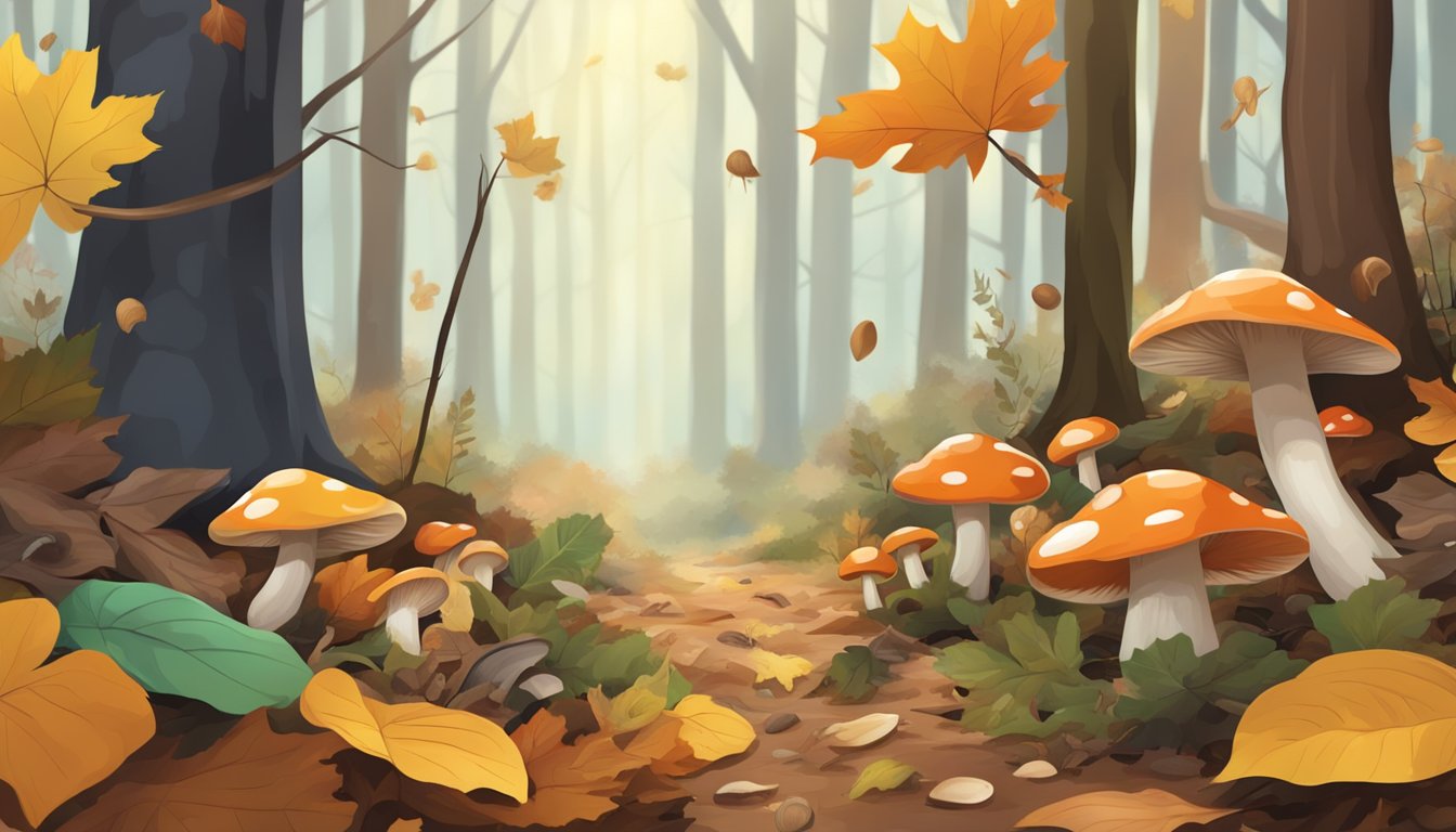 A forest floor with various types of mushrooms in different shapes, sizes, and colors scattered among the fallen leaves and twigs