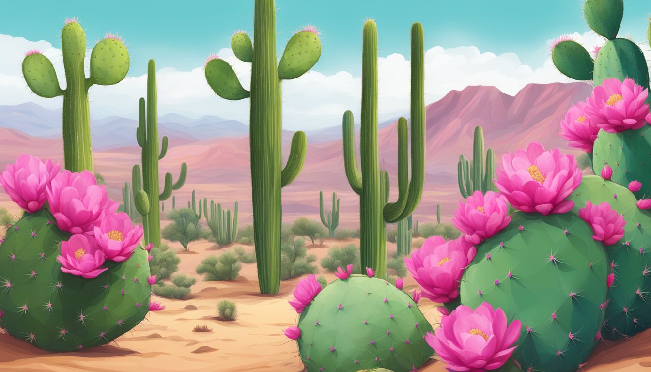 A desert landscape with prickly pear cacti, their vibrant green pads and pink fruit contrasting against the arid earth