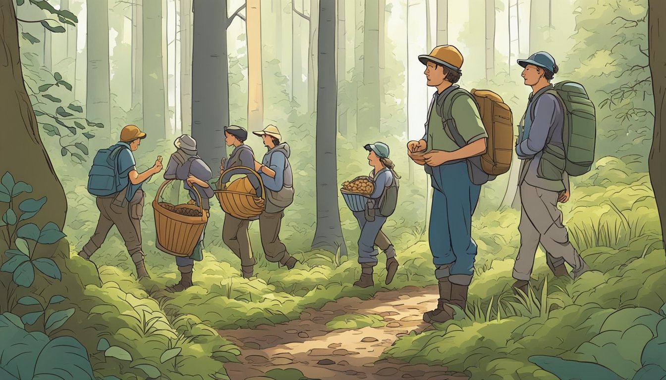 A group of foragers wanders through a dense forest, carefully inspecting the ground for various types of mushrooms. They carry baskets and tools, following a leader who points out key tips for safe and successful foraging