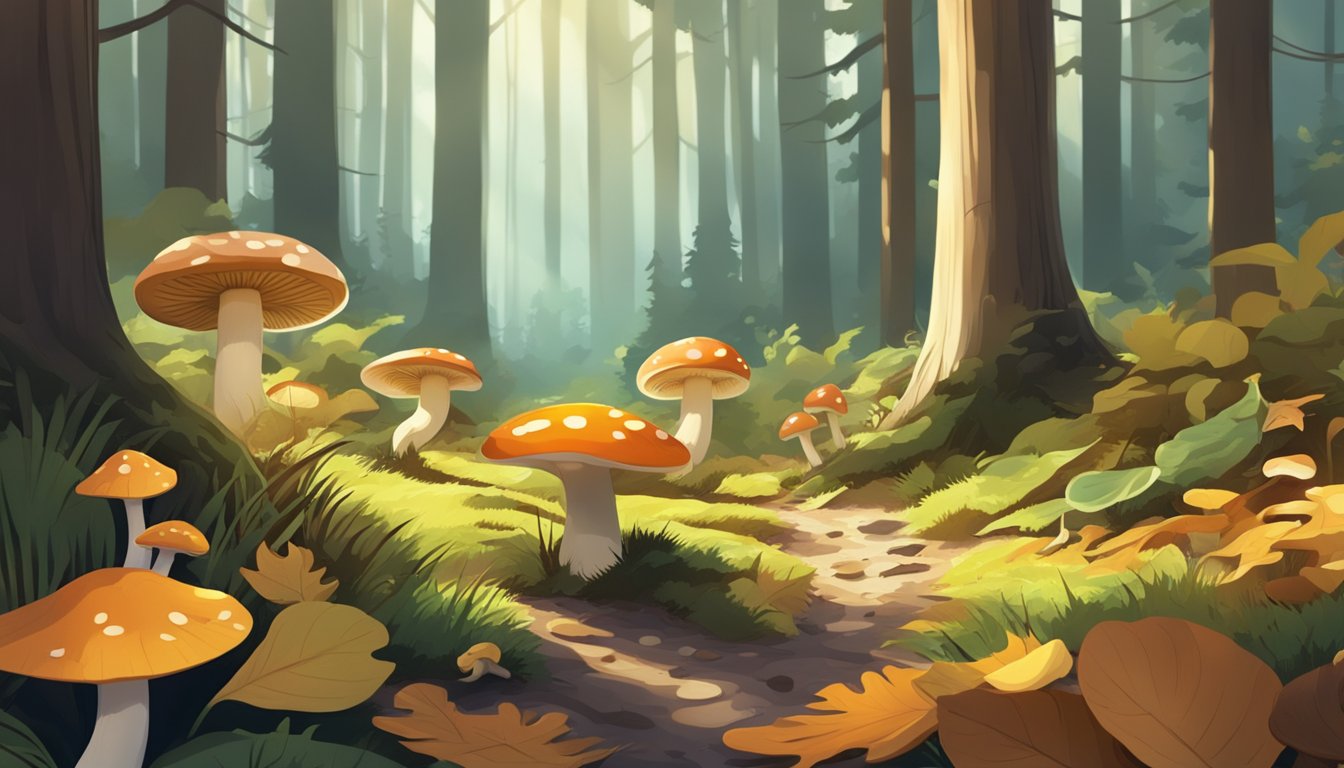 A forest floor with various types of mushrooms growing among fallen leaves and moss. Sunlight filters through the trees, casting dappled shadows on the ground