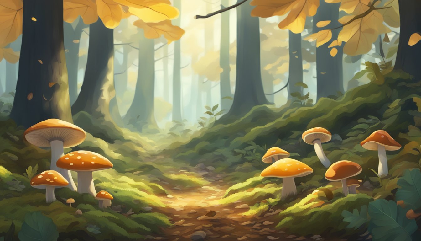 A lush forest floor with various types of mushrooms scattered among the fallen leaves and moss, with a soft light filtering through the canopy above