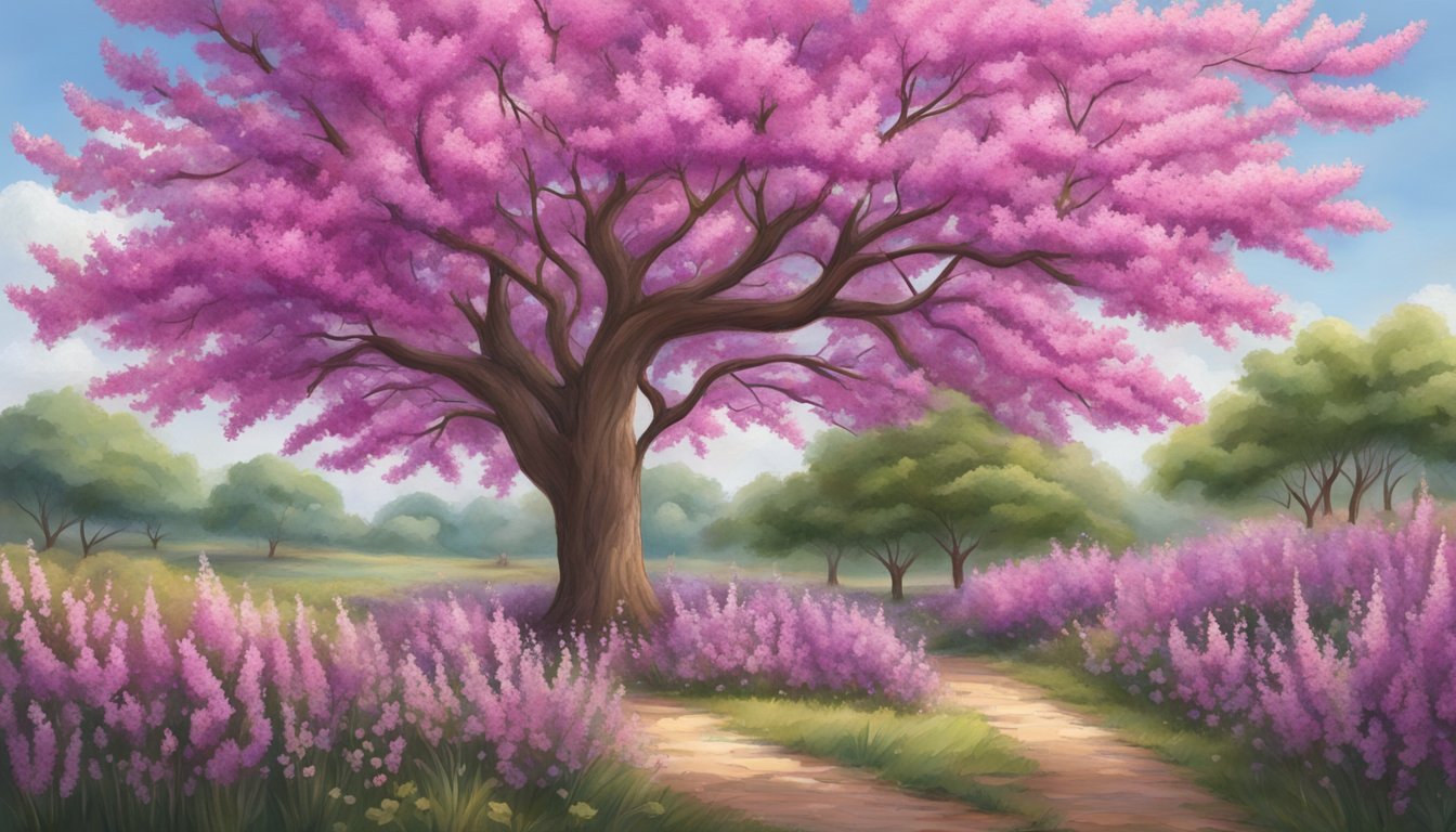 A lush Texas redbud tree in full bloom, with vibrant pink blossoms and heart-shaped leaves, surrounded by other edible plants native to the region