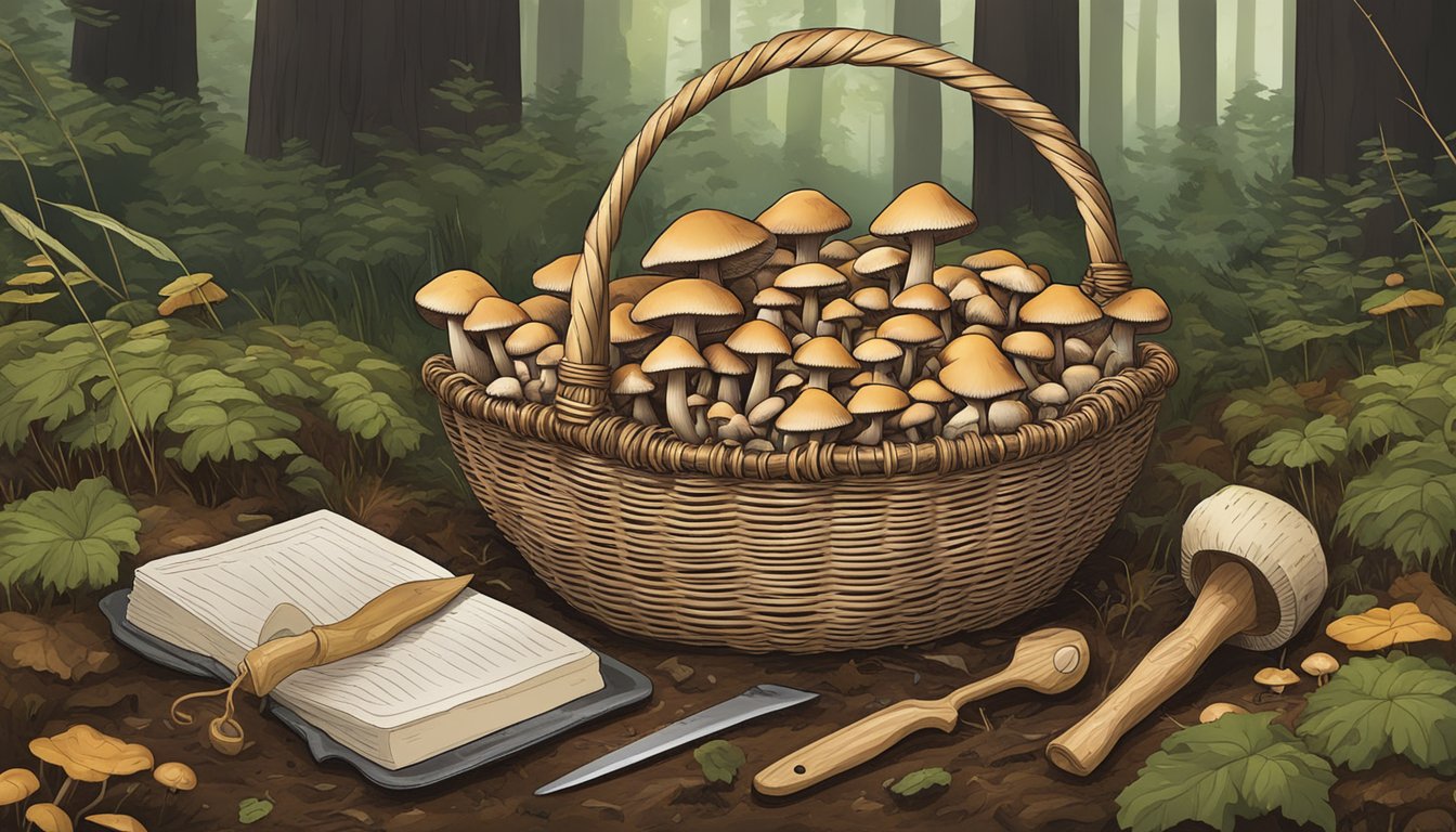 A wicker basket filled with mushrooms, a sharp knife, and a field guide laid out on the forest floor