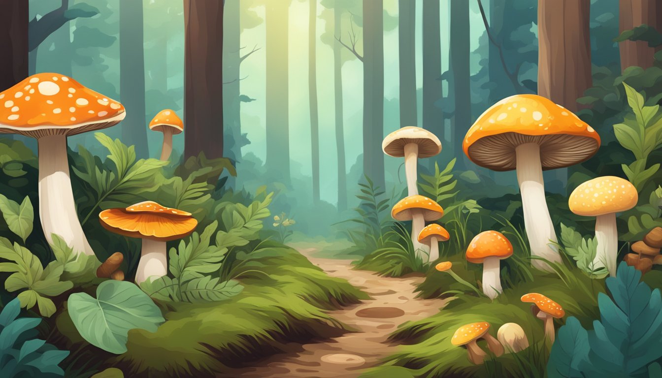 A forest floor with a variety of mushrooms in different shapes, sizes, and colors, surrounded by trees and foliage