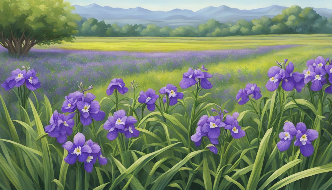 A lush field of spiderwort plants with vibrant purple flowers, surrounded by other edible plants in a wild Texas landscape