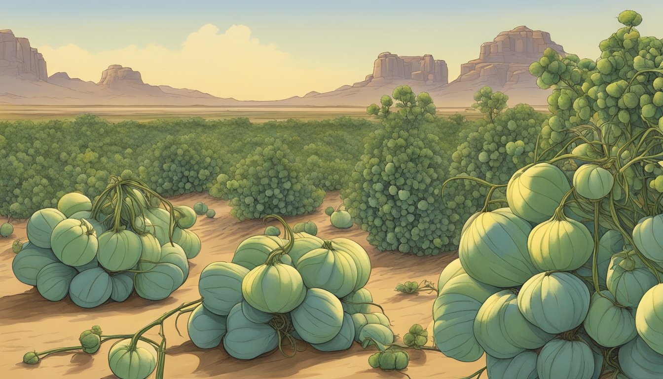 Buffalo gourd vines twine around a desert landscape, producing clusters of round seeds. Texas plants offer a surprising edible treat