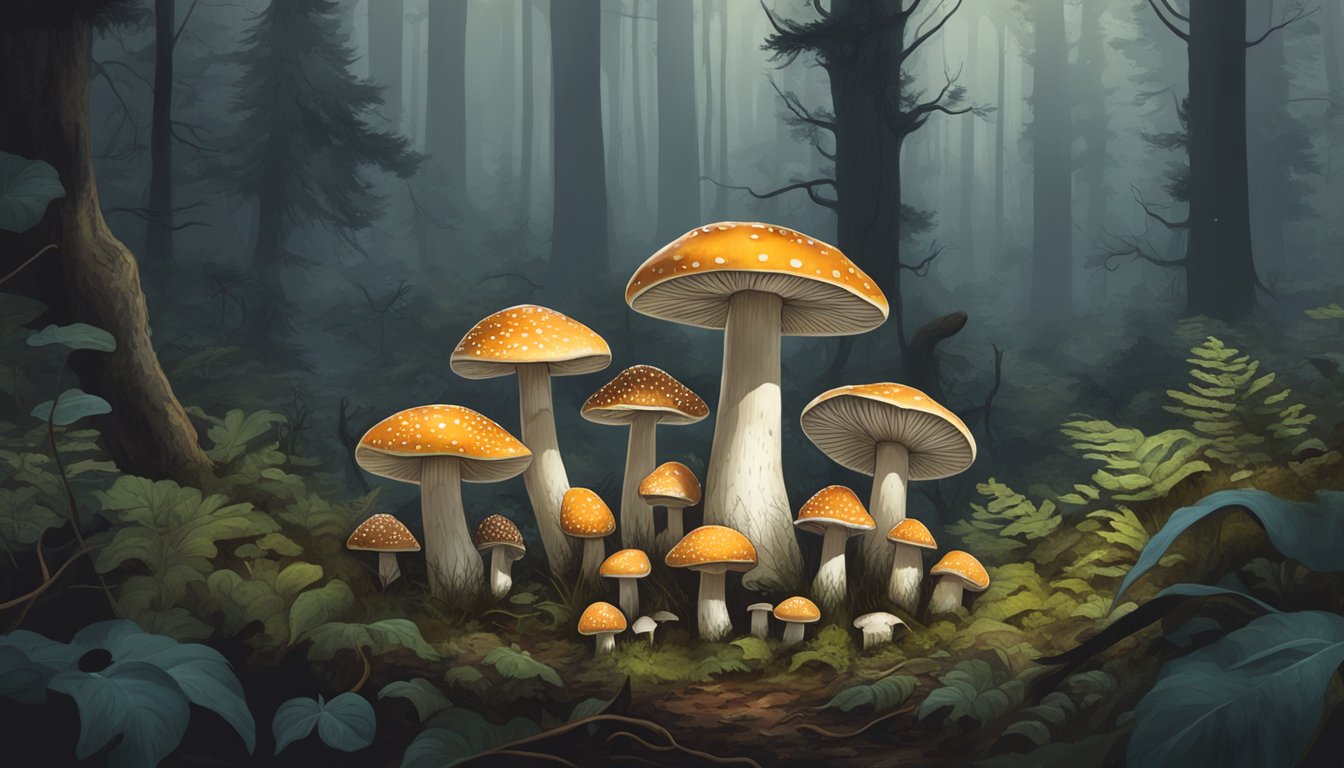 Amanita phalloides surrounded by other deadly mushrooms in a dark, damp forest clearing