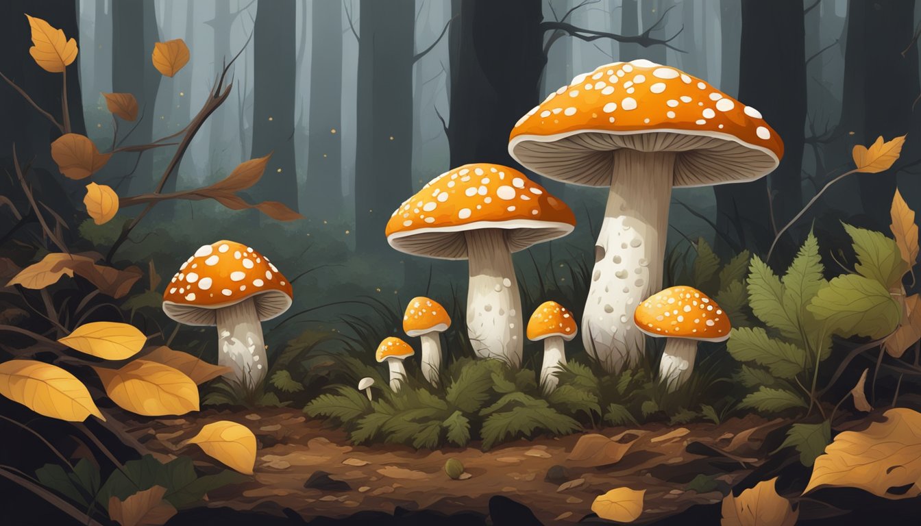 Amanita virosa mushrooms growing in a dark, damp forest clearing, surrounded by fallen leaves and twigs