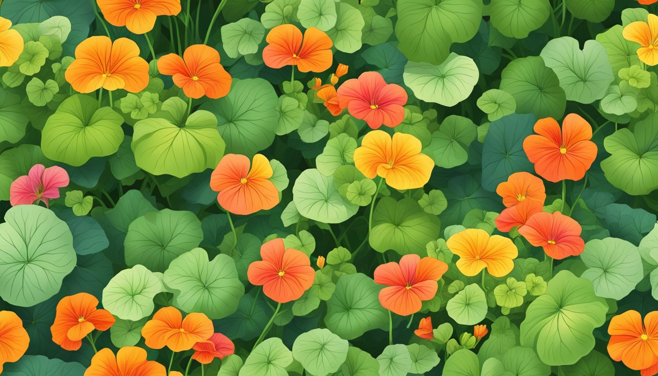 A vibrant garden with colorful nasturtium flowers blooming among lush green leaves, ready to be picked for spring salads