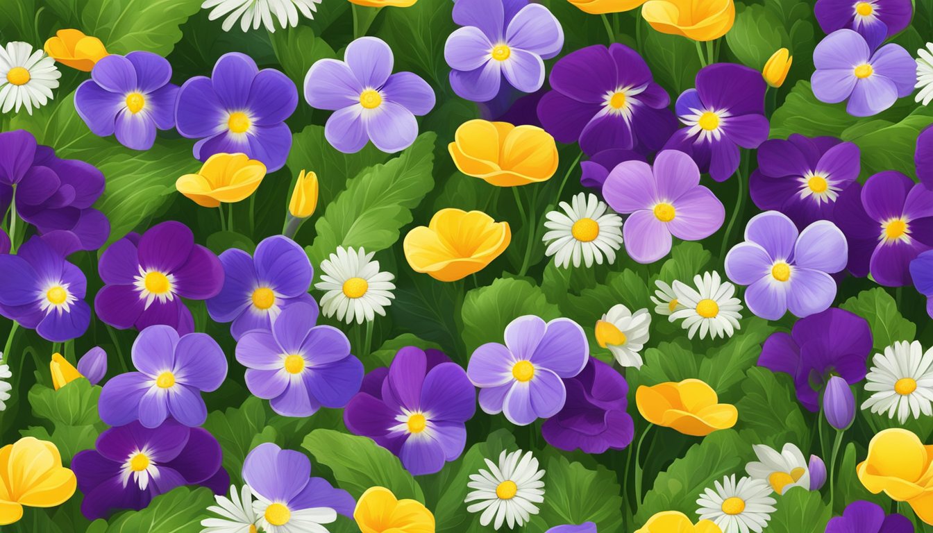 A colorful array of violets, daisies, and other edible flowers arranged on a bed of fresh spring greens, ready to brighten up a salad