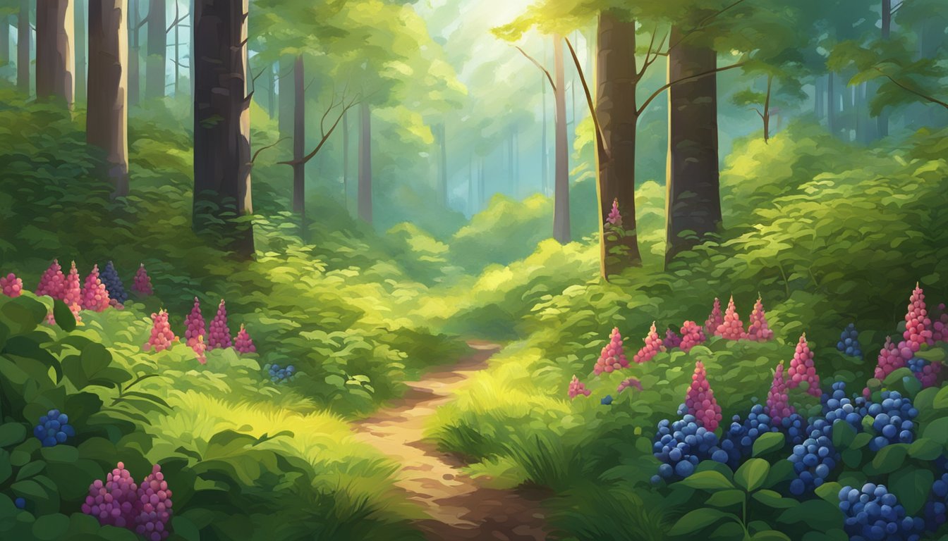 A lush forest clearing with a variety of wild berries growing on low bushes, including vibrant blueberries. Tall trees and dappled sunlight create a serene atmosphere