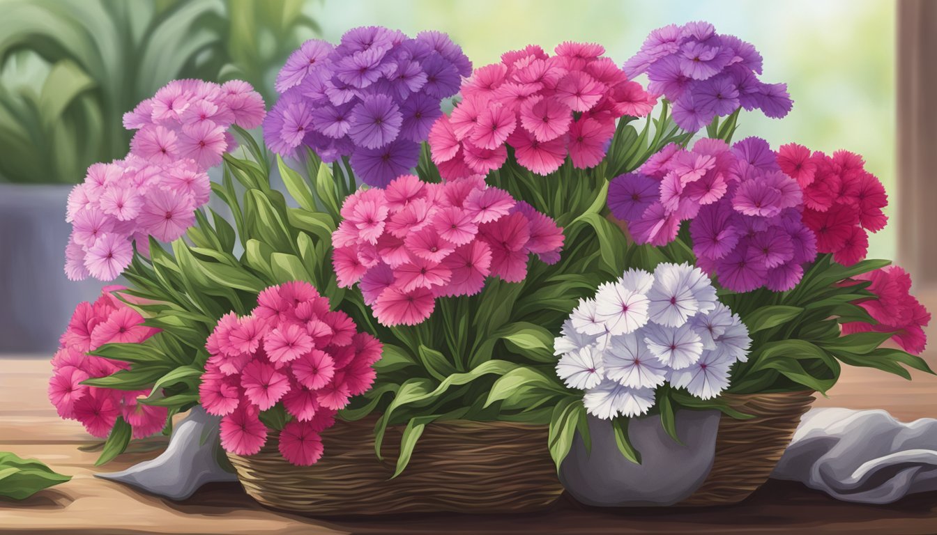 A colorful array of dianthus flowers, including vibrant pinks and purples, nestled among fresh green salad leaves, adding a pop of color and flavor