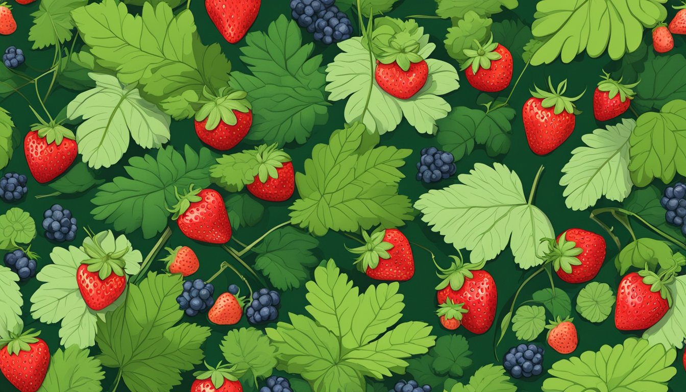 A lush forest floor with scattered strawberries and wild berries in North America