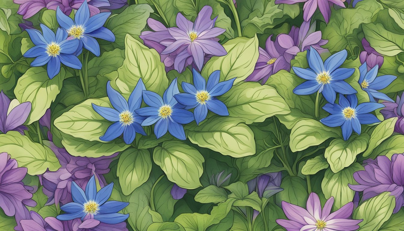 A colorful array of borage flowers nestled among vibrant salad greens, adding a pop of purple and blue to the springtime dish