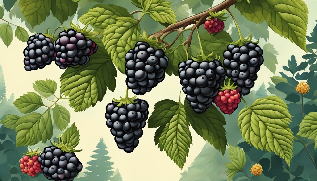 A cluster of ripe blackberries hangs from a thorny bush, surrounded by various wild berries in a lush North American forest