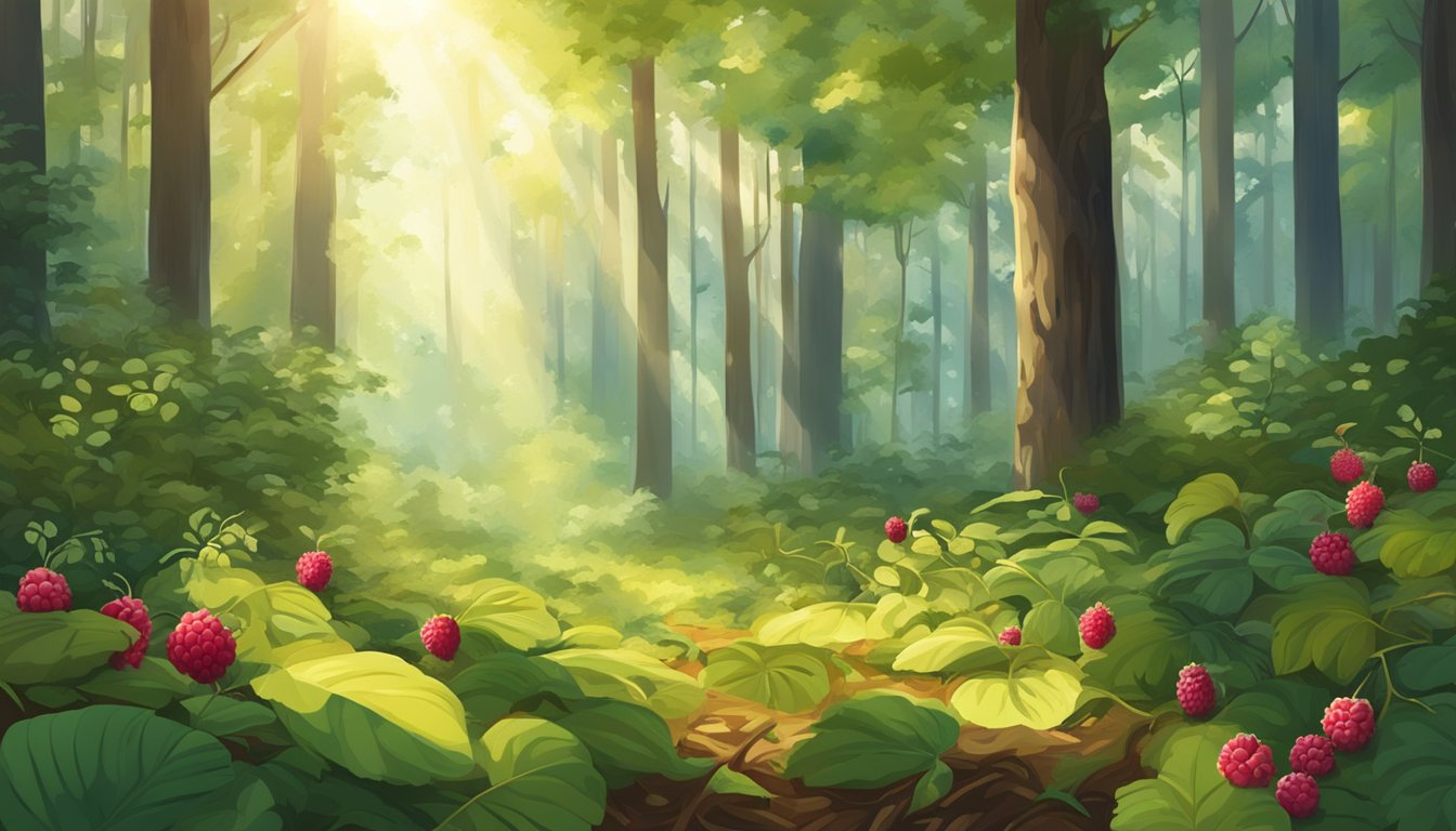 A lush forest clearing with a variety of wild berries growing on the forest floor, including raspberries, surrounded by tall trees and dappled sunlight