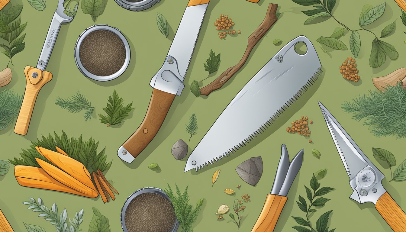 A folding saw surrounded by various foraging tools in a natural setting