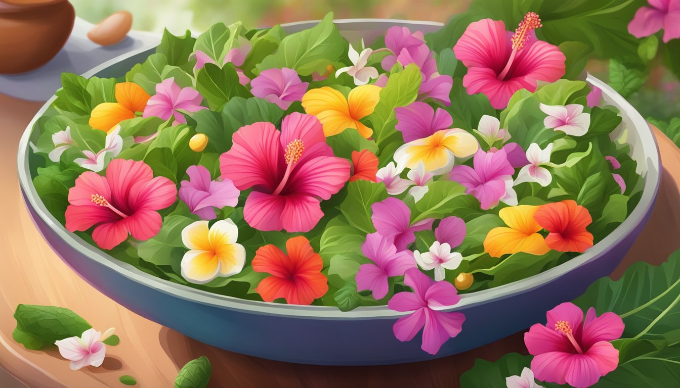 A colorful bowl of spring salad with vibrant hibiscus flowers, surrounded by fresh greens and other edible blossoms