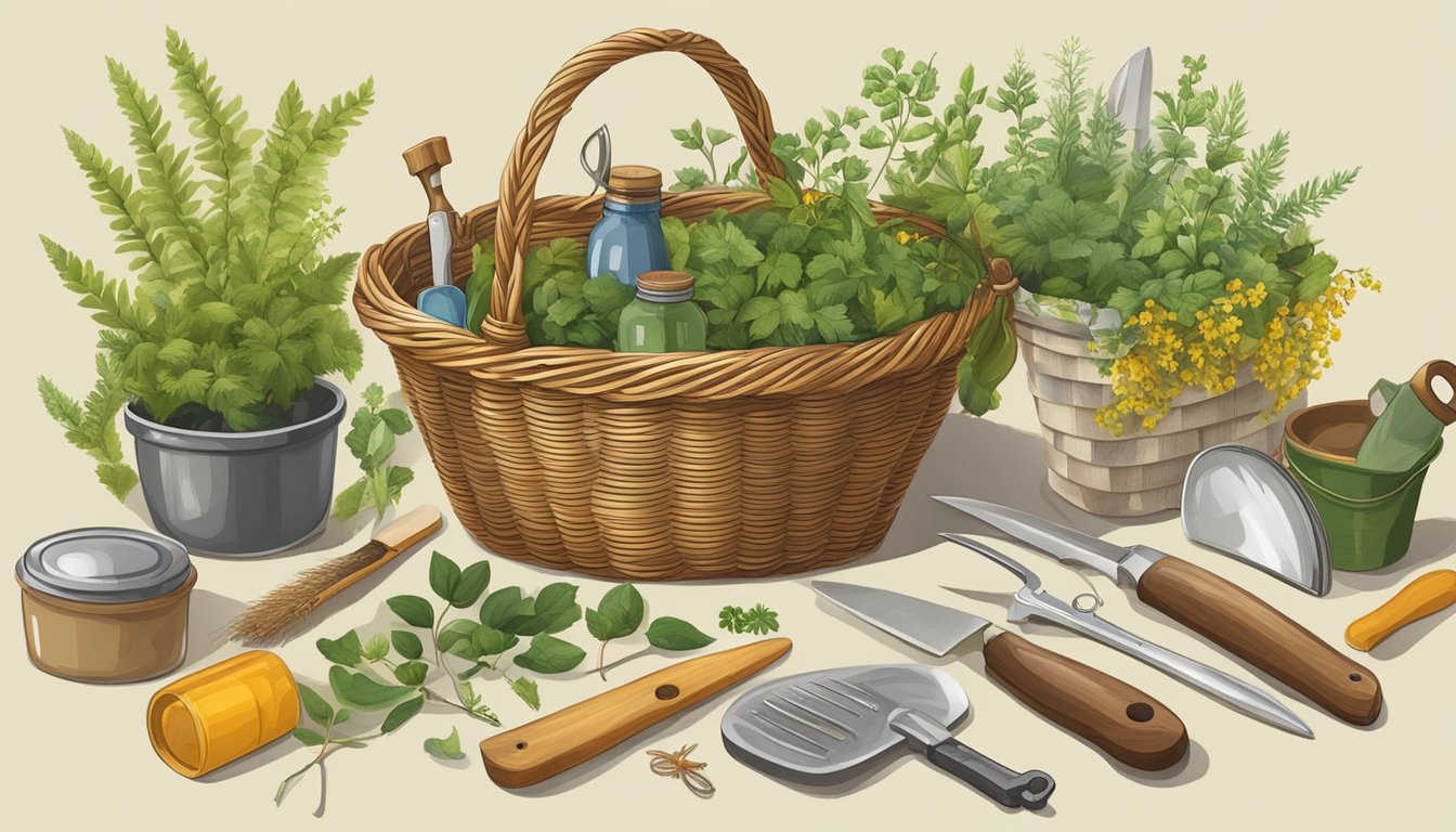 A wicker basket filled with foraging tools: a knife, scissors, gloves, a trowel, a magnifying glass, and various containers for collecting wild plants and herbs