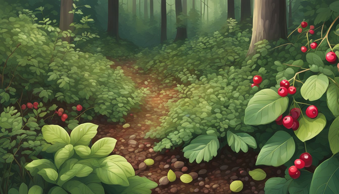 A lush forest floor with various wild berries, including cranberries, scattered among the underbrush