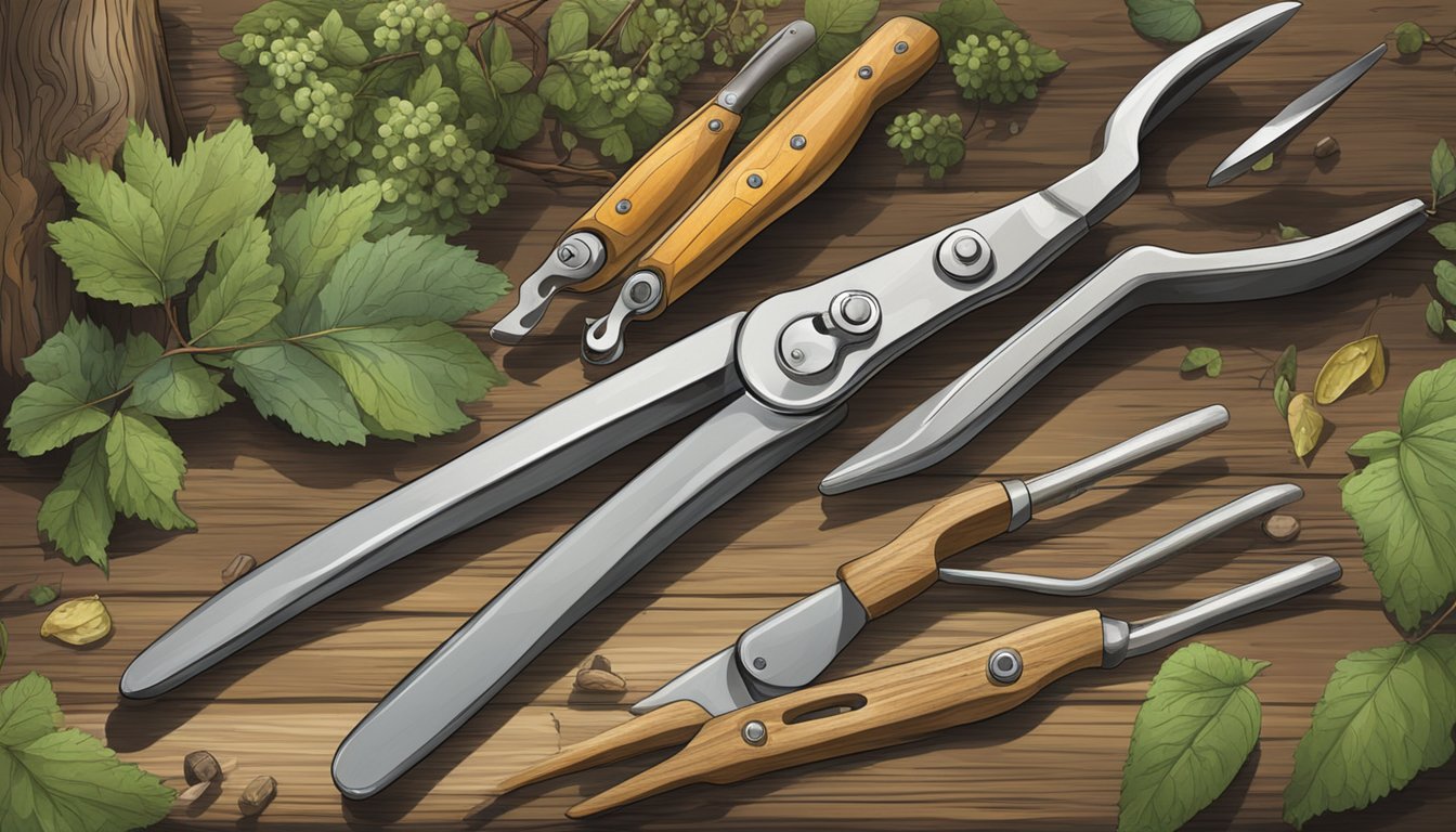 A pair of pruning shears surrounded by various foraging tools in a rustic, natural setting