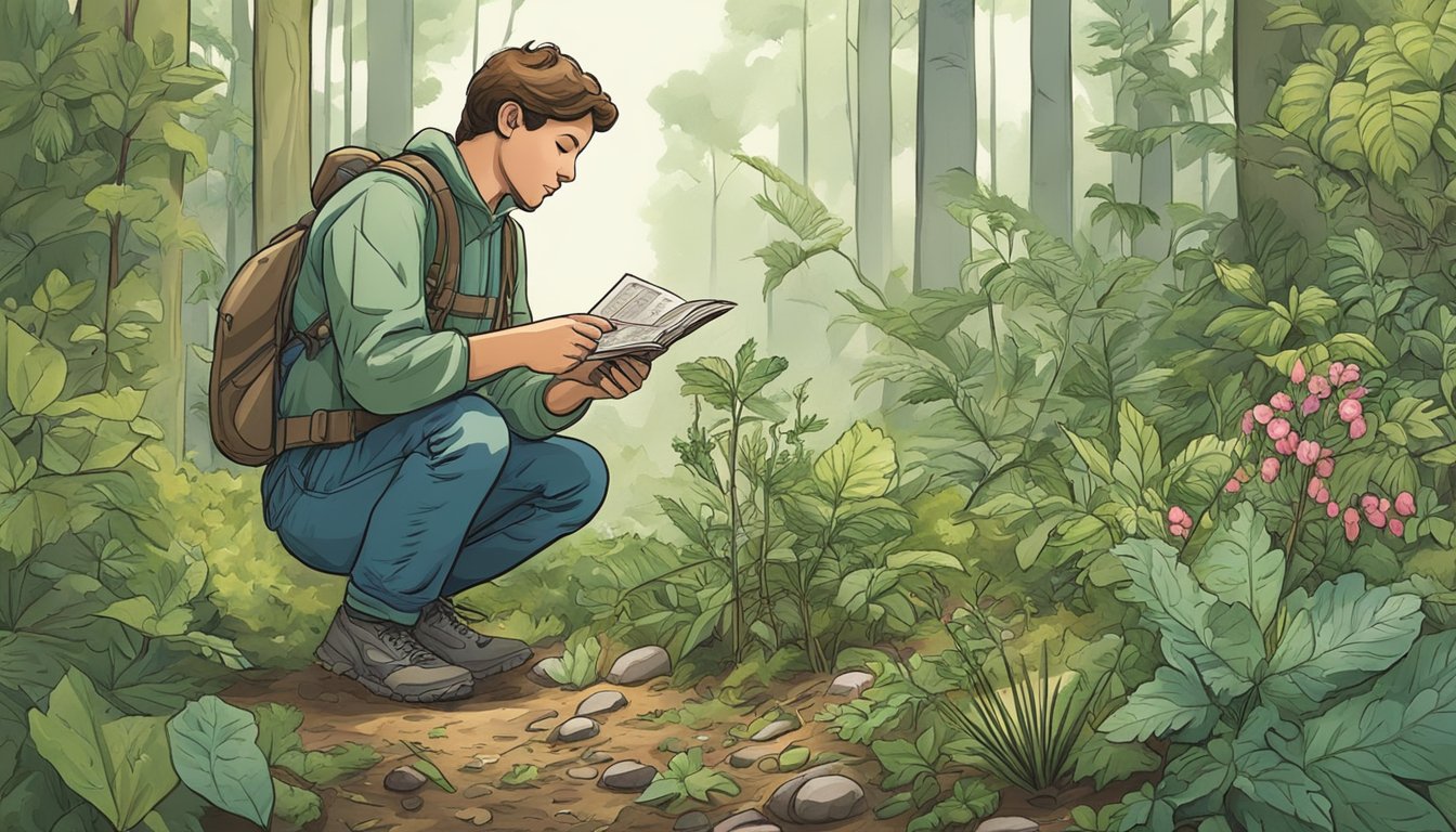 A person kneeling in a lush forest, surrounded by various foraging tools and a field guide to edible plants, carefully examining the foliage