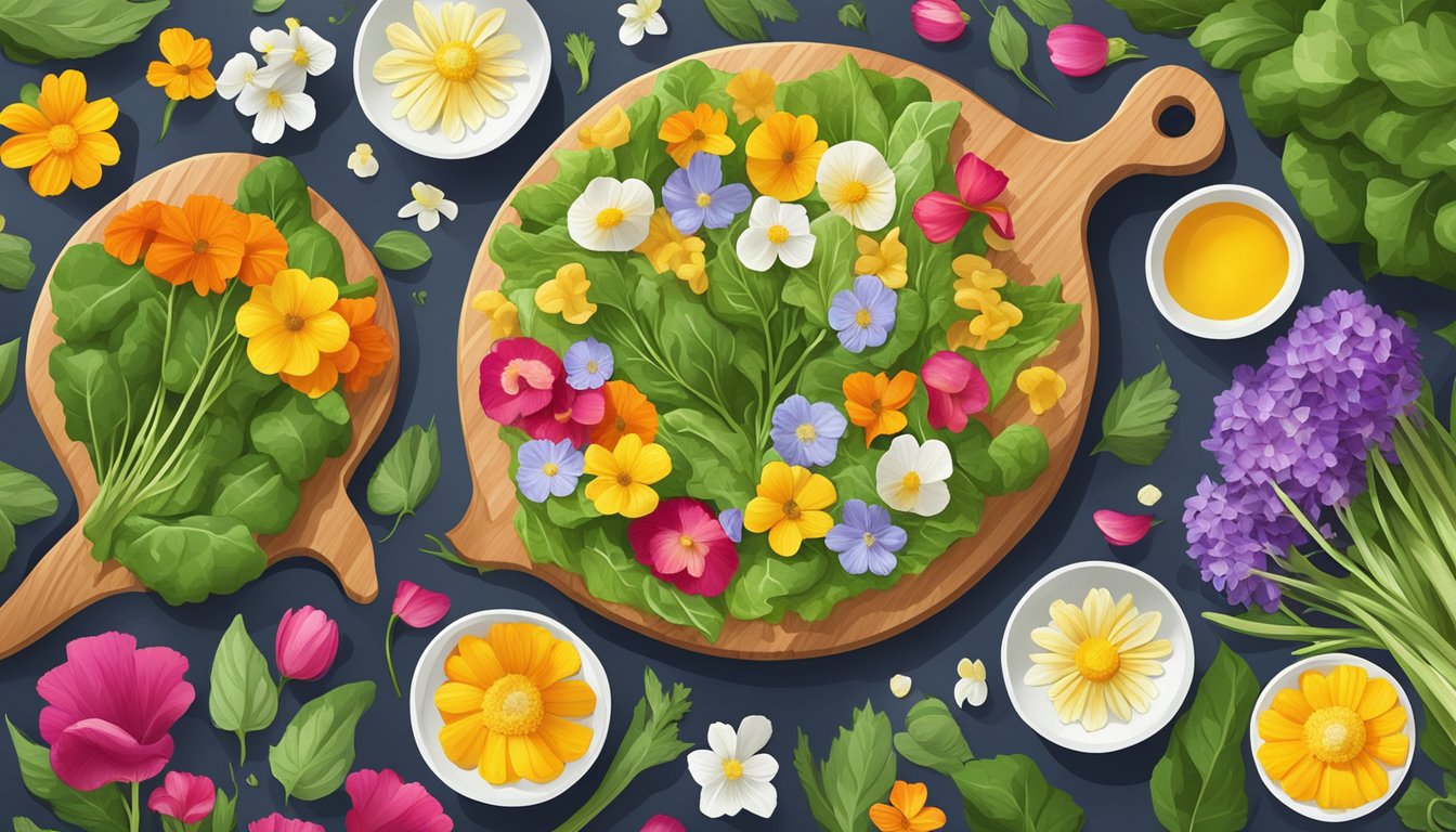 A colorful array of edible flowers arranged alongside fresh spring salad ingredients on a wooden cutting board