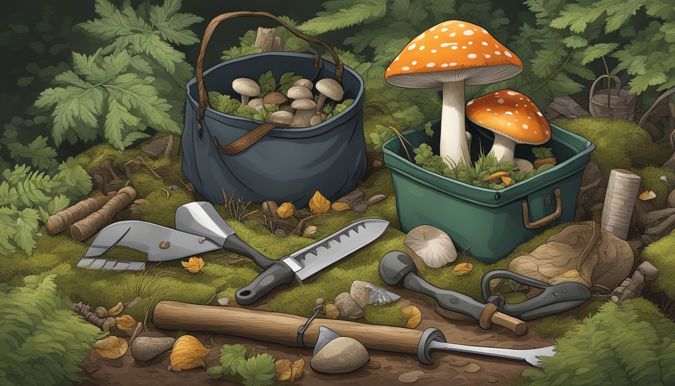 A forest floor with a mushroom foraging bag surrounded by various foraging tools such as a knife, basket, and trowel