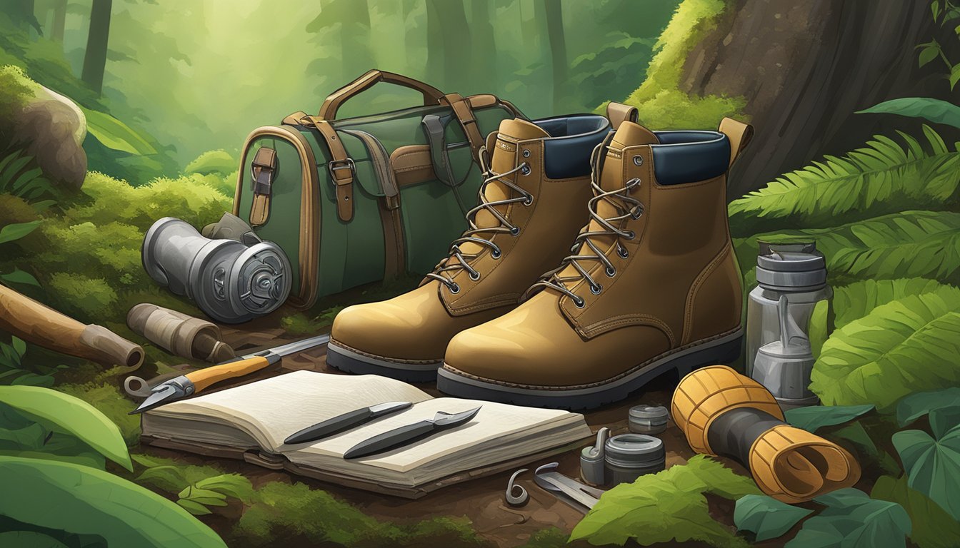 A pair of waterproof boots surrounded by various foraging tools such as knives, baskets, and a field guide, set against a backdrop of a lush forest floor