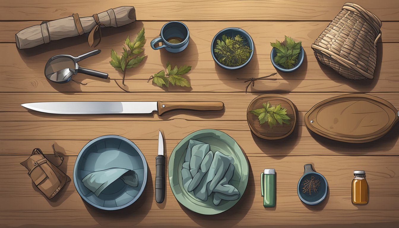 A collection of foraging tools arranged neatly on a wooden table, including a basket, knife, gloves, and guidebook