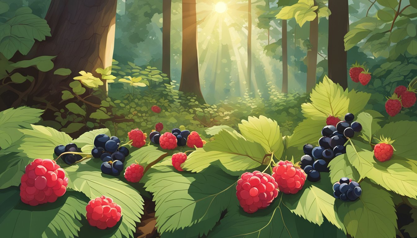 A lush forest floor with a variety of wild berries scattered among the underbrush, including raspberries, blackberries, and blueberries. Sunshine filters through the trees, casting dappled shadows on the ripe fruit