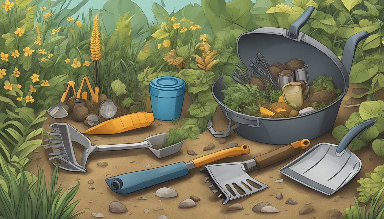 A folding shovel surrounded by various foraging tools in a natural outdoor setting