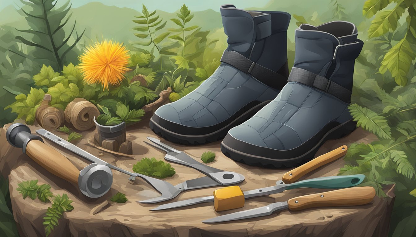 A pair of durable gloves surrounded by various foraging tools in a natural, wild setting