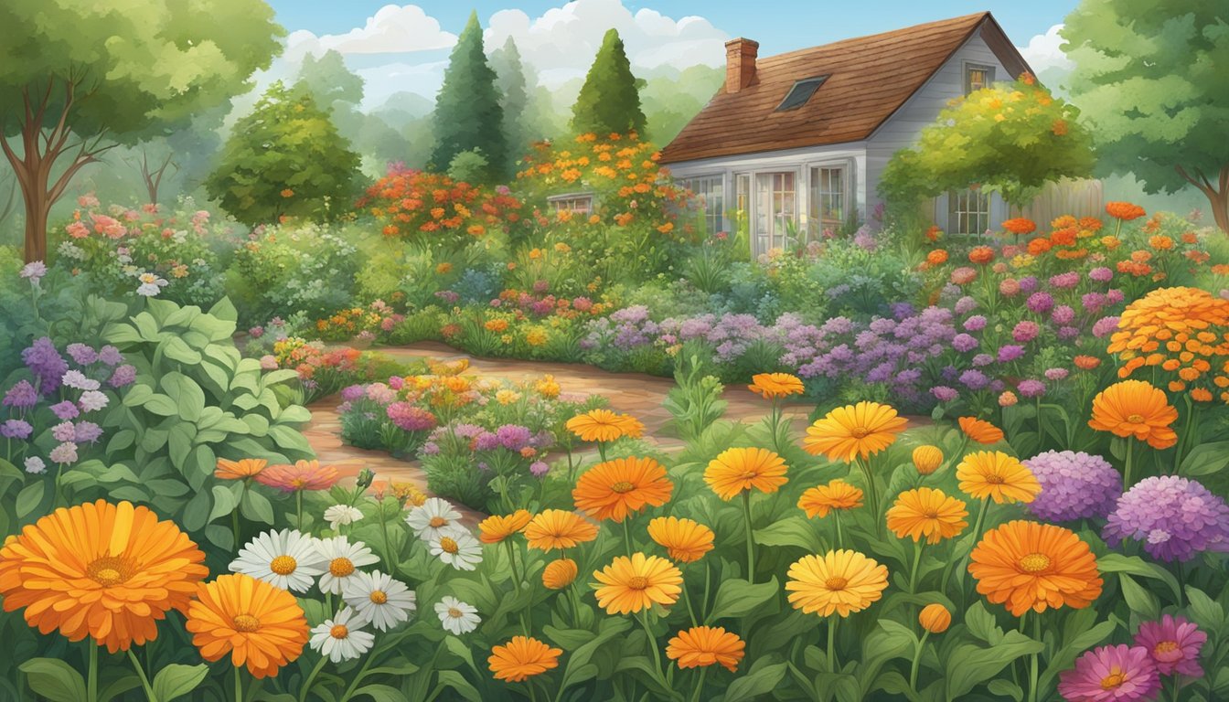 A lush backyard garden filled with vibrant calendula plants, surrounded by seven other varieties of medicinal herbs