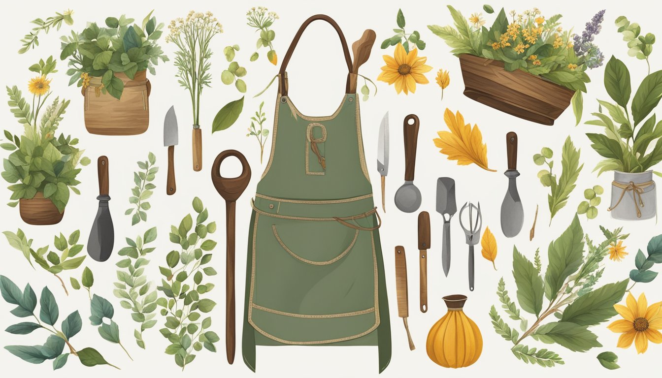 A wildcrafter's apron hangs on a wooden hook, adorned with various foraging tools such as a knife, scissors, and small containers. Surrounding the apron are scattered leaves, twigs, and wildflowers