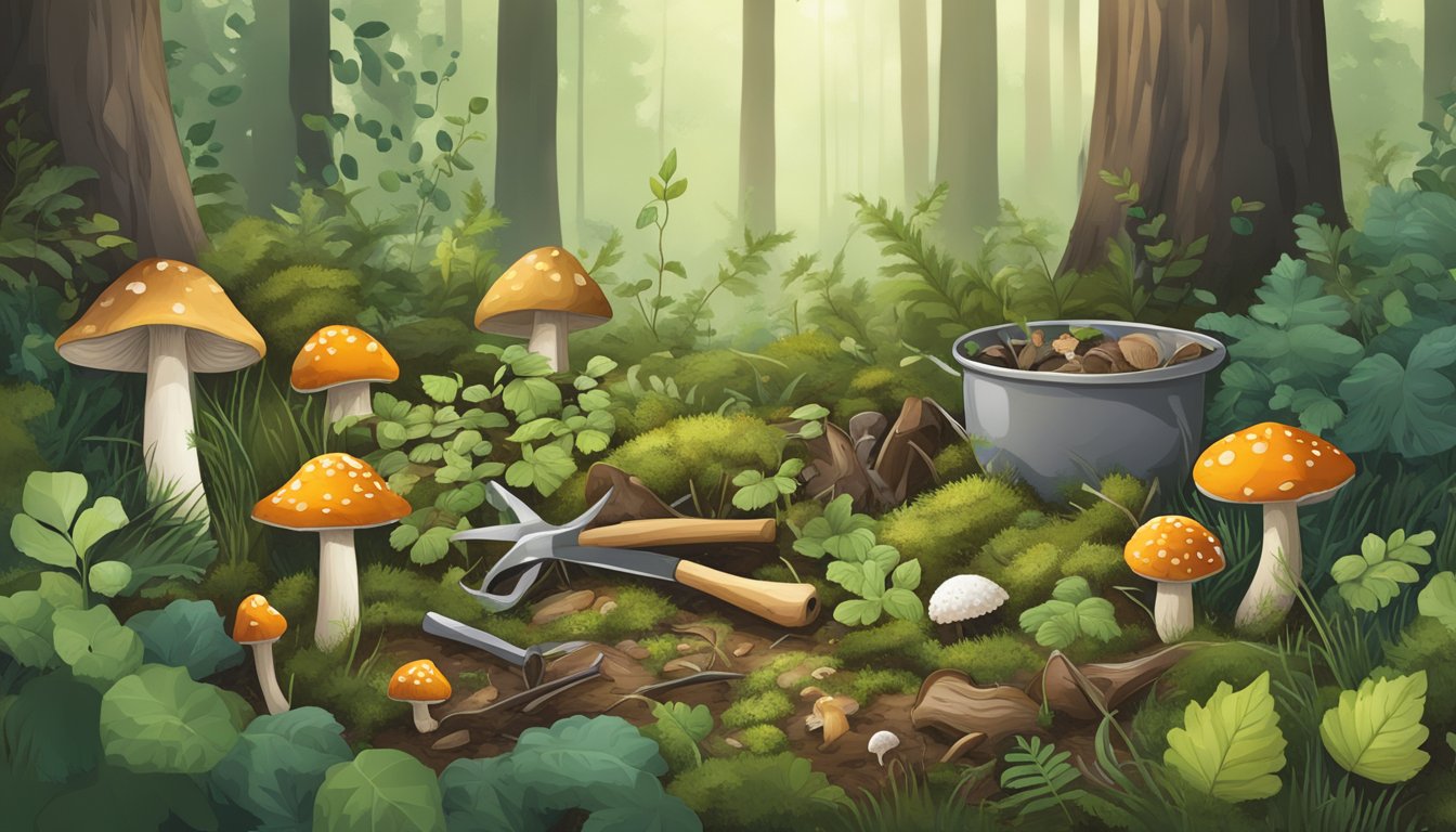 A forest floor with various foraging tools scattered among wild plants and mushrooms