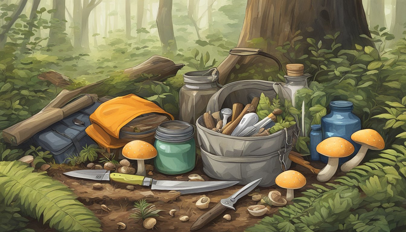 A pouch filled with foraging tools, including a knife, scissors, and containers, sits among wild plants and mushrooms in a forest clearing