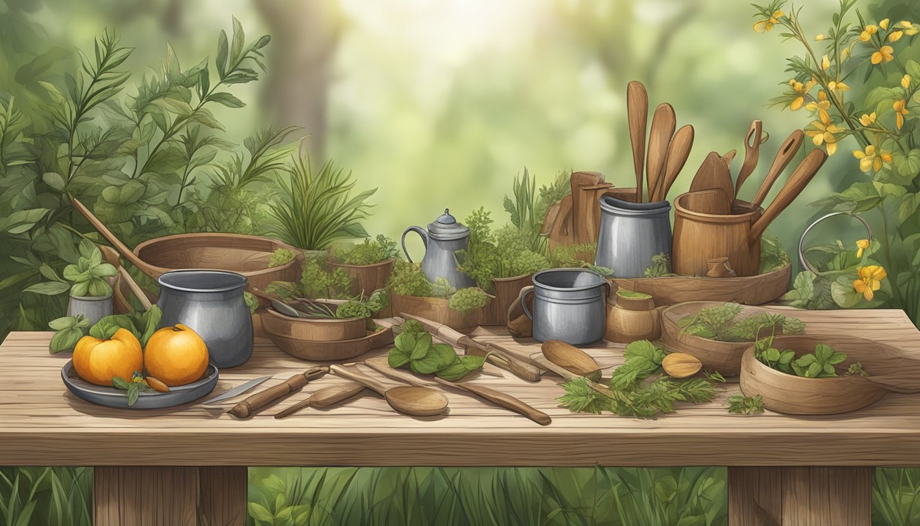 A collection of foraging tools arranged on a wooden table in a natural outdoor setting, surrounded by wild plants and herbs