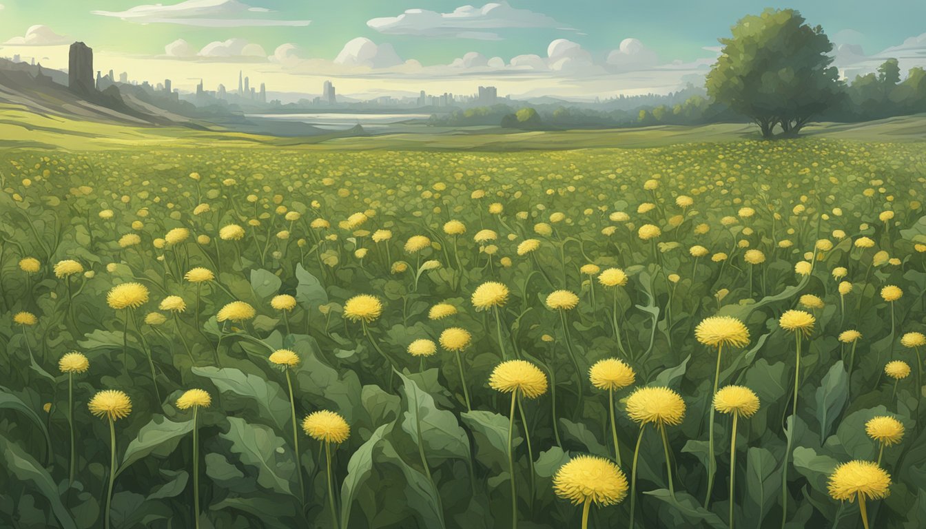 A field of dandelion greens flourishing amidst a desolate, post-apocalyptic landscape