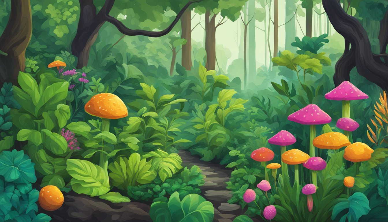 A lush forest with vibrant greenery, featuring six poisonous plants interspersed among edible ones. The toxic plants stand out with distinct colors and shapes