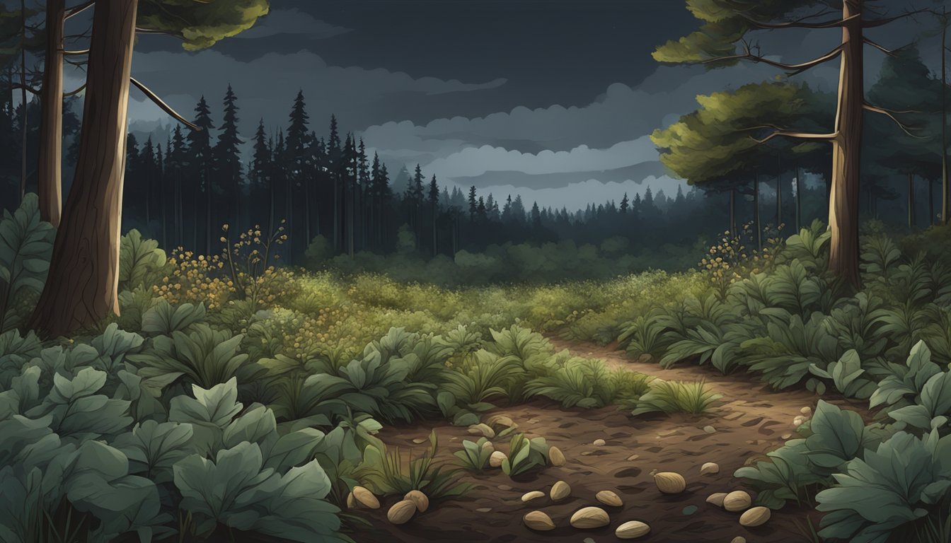 A forest floor scattered with pine nuts, surrounded by various wild edible plants, under a dark, ominous sky