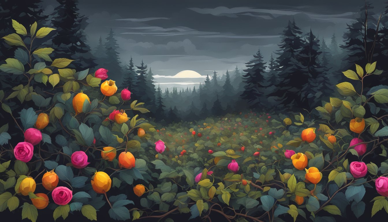 A dense forest with colorful rose hips growing on thorny bushes, surrounded by other edible wild plants, under a dark, ominous sky