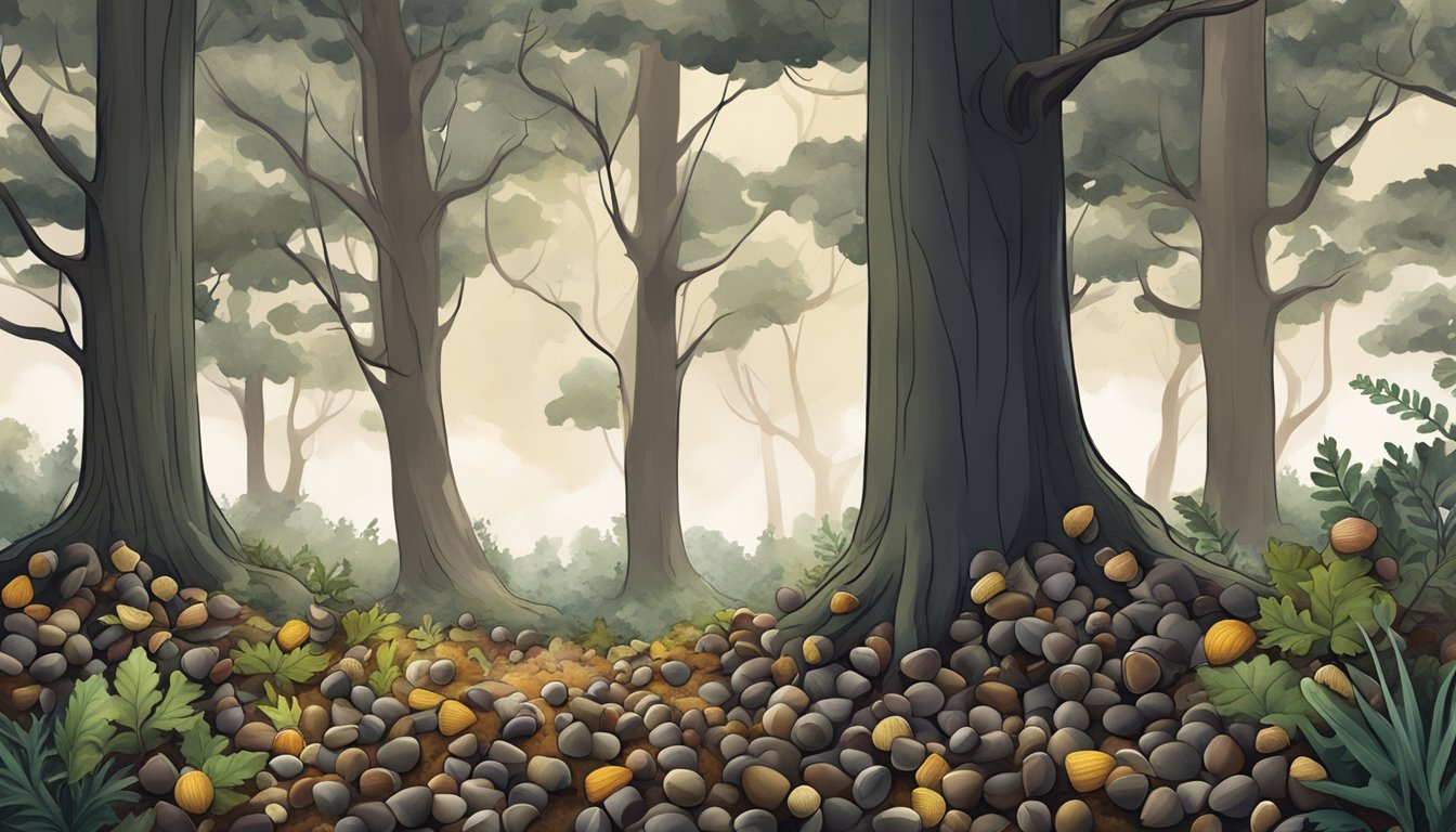 A forest floor covered in acorns, surrounded by various wild edible plants, with a dark, ominous sky overhead