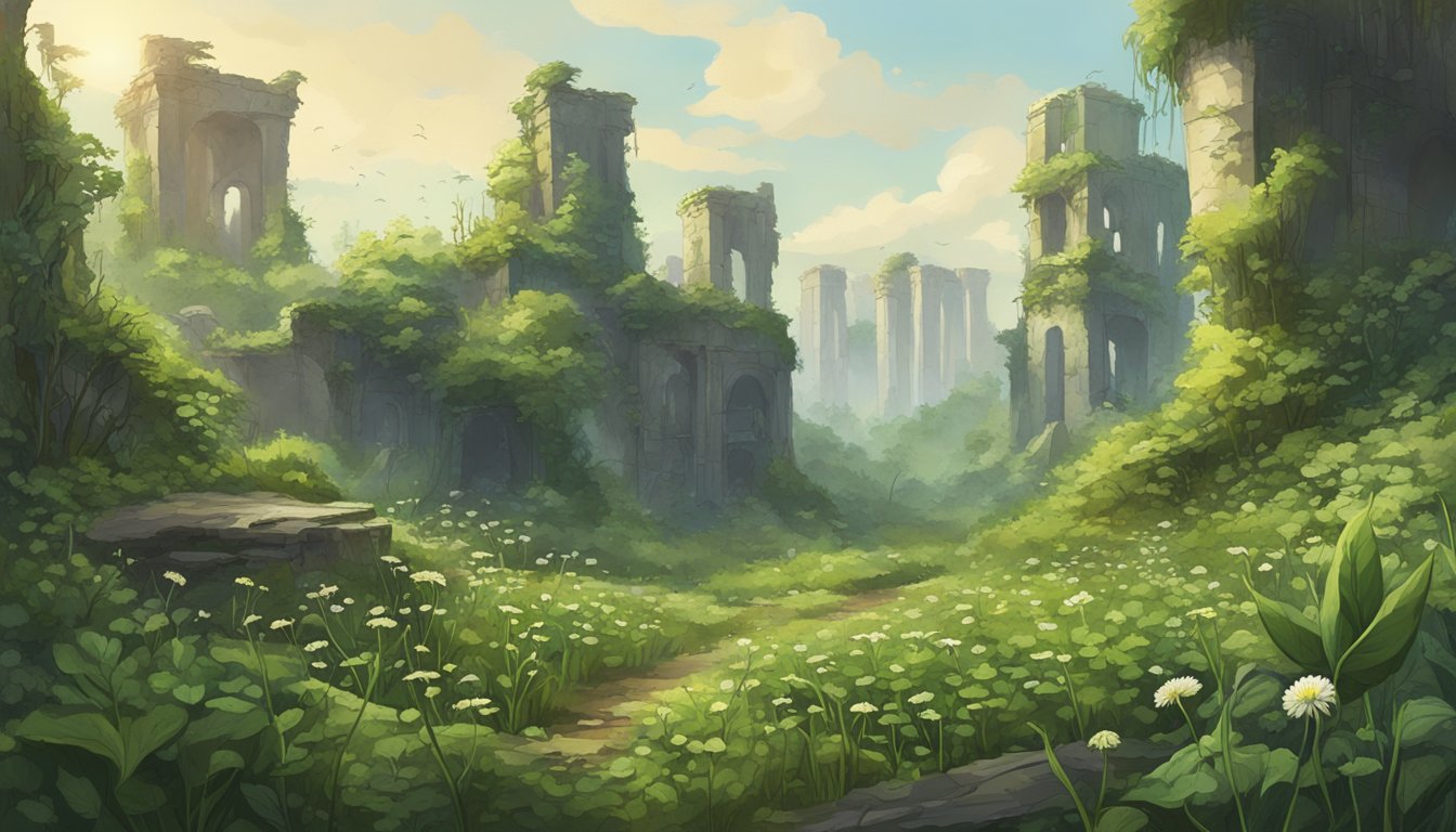 A lush, overgrown landscape with various wild edibles like chickweed, dandelions, and plantain thriving amidst the ruins of a post-apocalyptic world