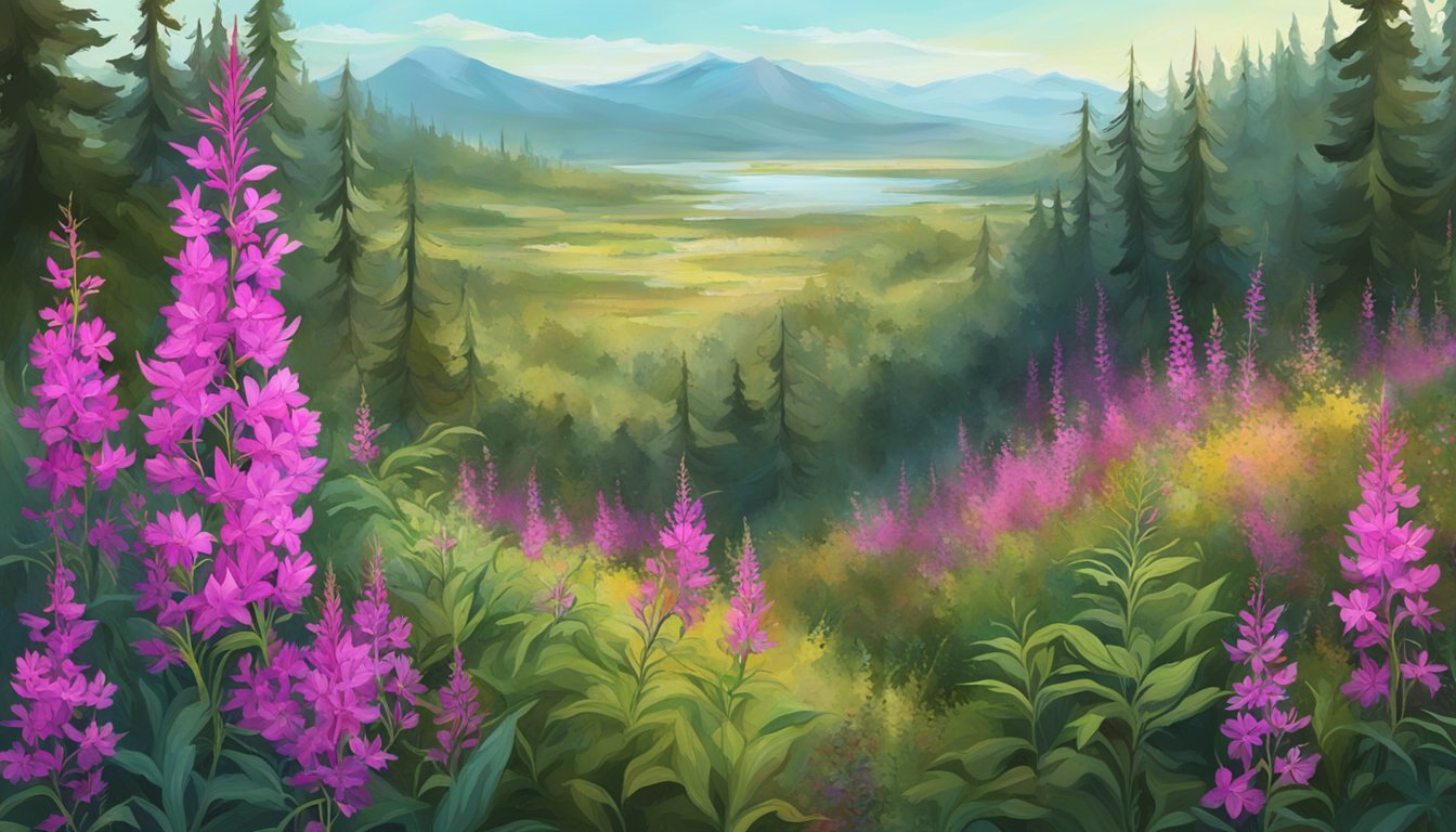 A lush, overgrown landscape with vibrant fireweed and various wild edibles thriving despite a desolate, post-apocalyptic environment