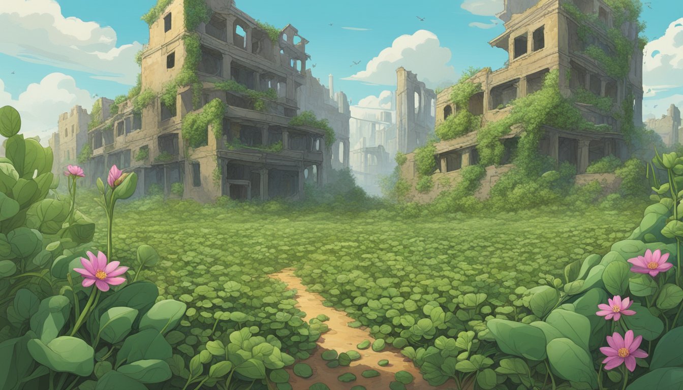 A lush field of wild edibles, including purslane, thrives amidst desolate, post-apocalyptic ruins