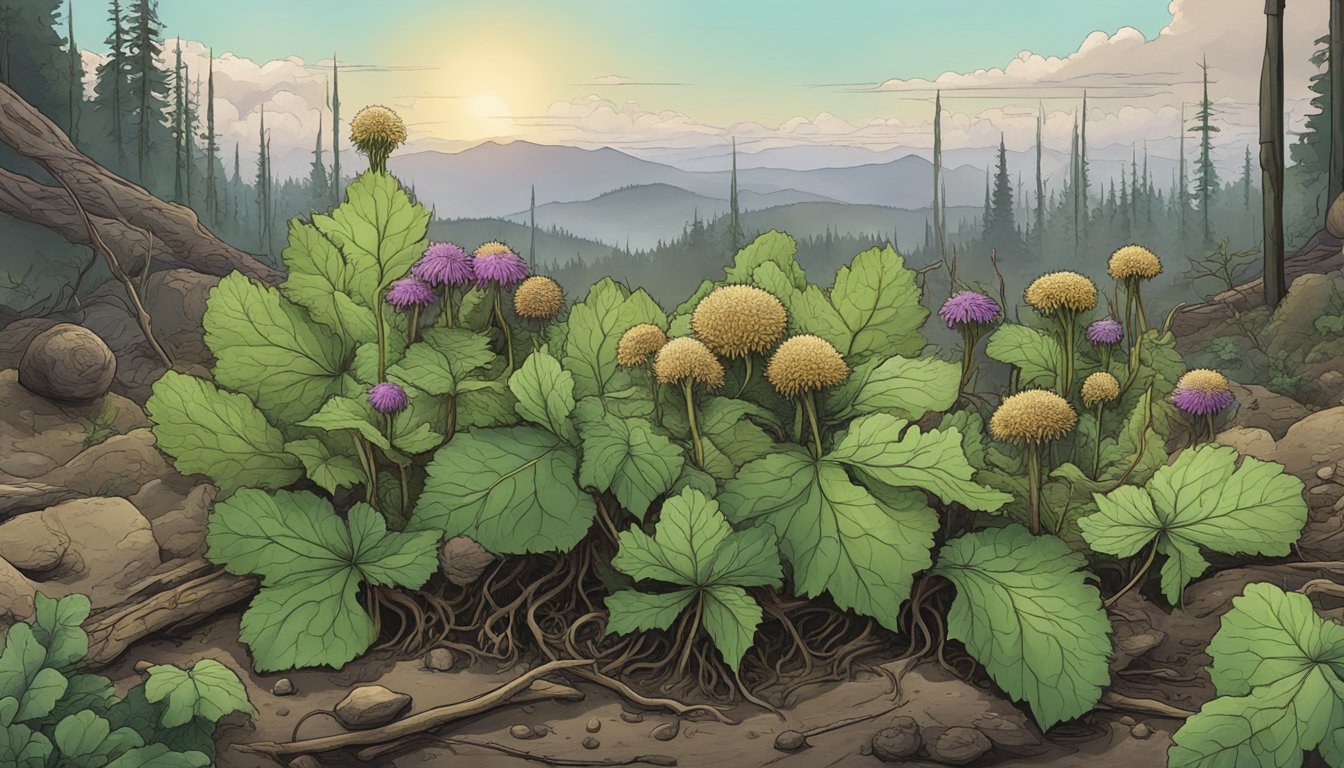 A burdock root growing in a post-apocalyptic landscape, surrounded by other hardy wild edibles