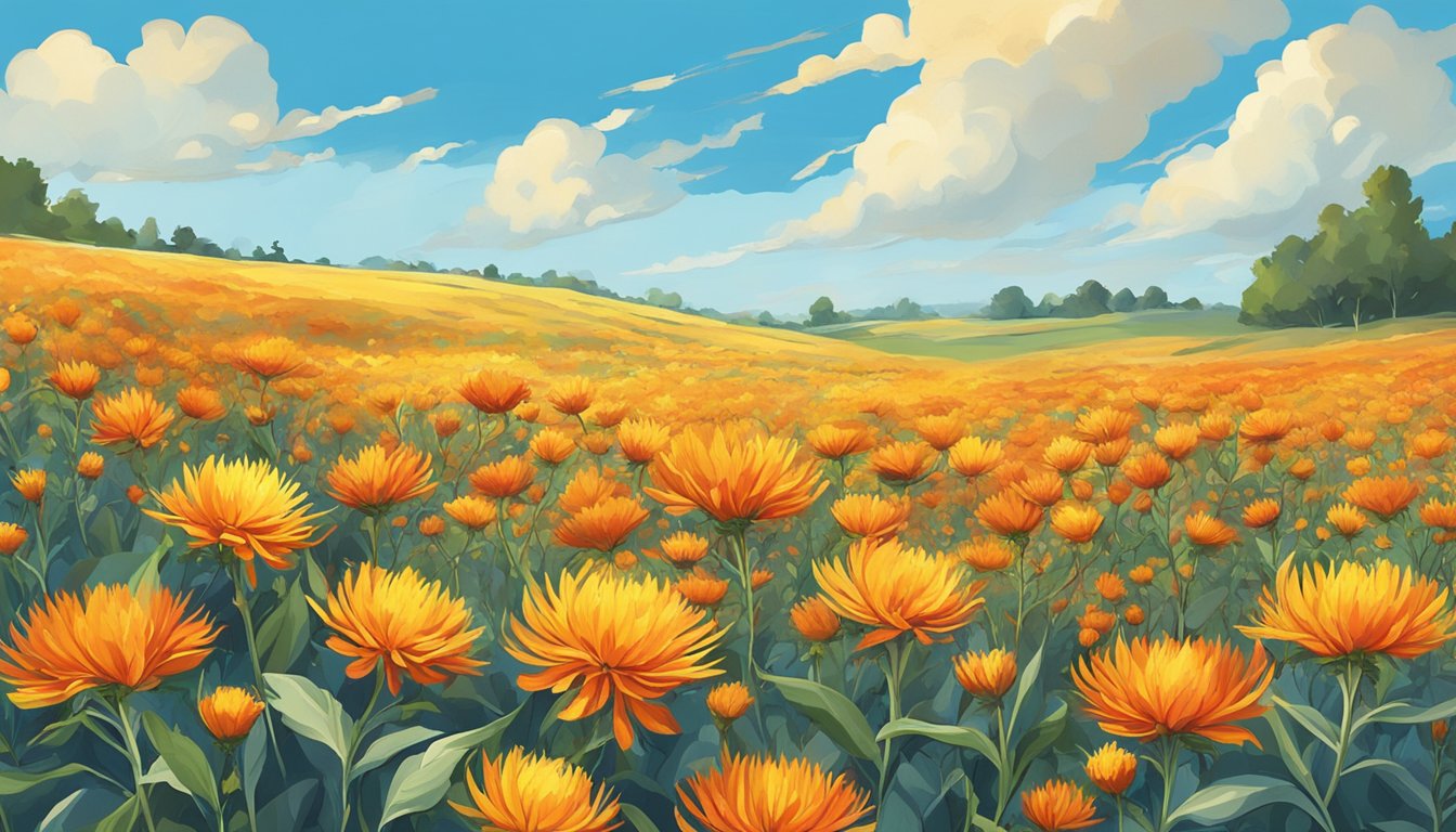 A field of vibrant safflower plants in full bloom, with their bright orange and yellow flowers swaying in the wind under a clear blue sky